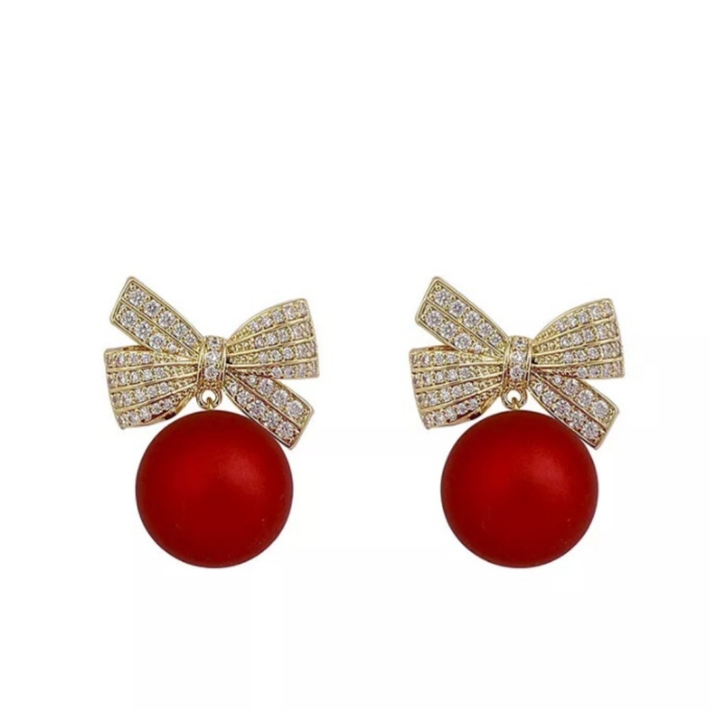 Red and Gold Holiday Christmas Bow Rhinestone Dangle Drop Earrings - Picture 5 of 11